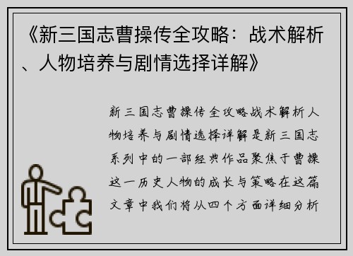 《新三国志曹操传全攻略：战术解析、人物培养与剧情选择详解》